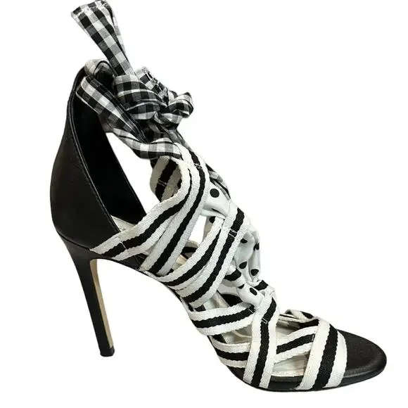 Gianni Bini Black Abrianna Gingham Lace Up Sandals 3.93” stiletto heels Size 6.5 - Picture 8 of 12